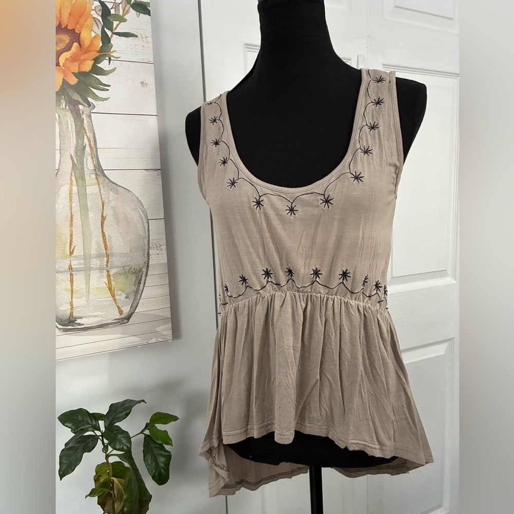 POL Beige Embroidered Tank Top